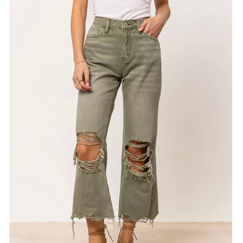 Wide Leg Ripped Ankle Denim in Olive Green
